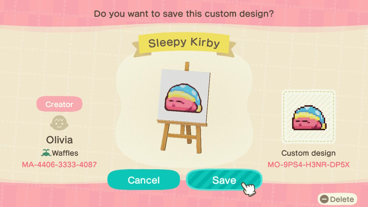 Animal Crossing Design Code: MO-9PS4-H3NR-DP5X Sleepy Kirby