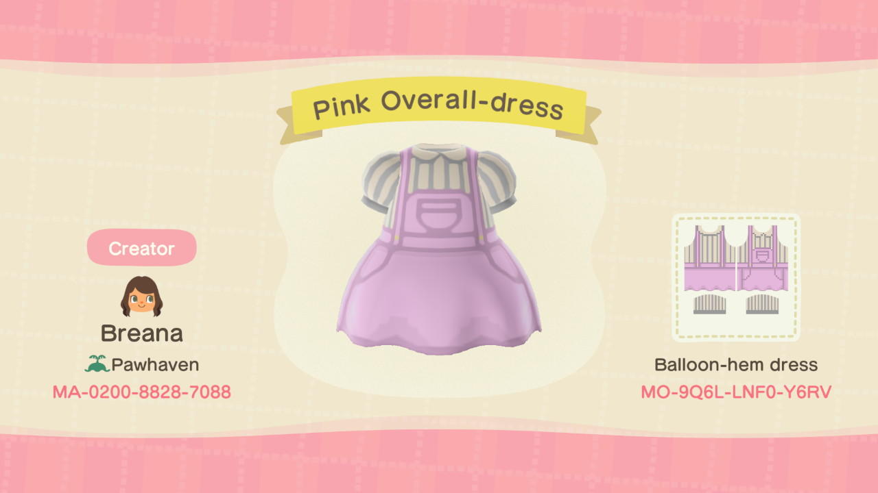 Animal Crossing Design Code: MO-9Q6L-LNF0-Y6RV Pink Overall-dress