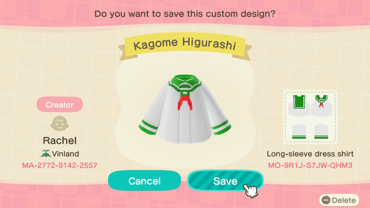 Animal Crossing Design Code: MO-9R1J-S7JW-QHM3 Kagome Higurashi