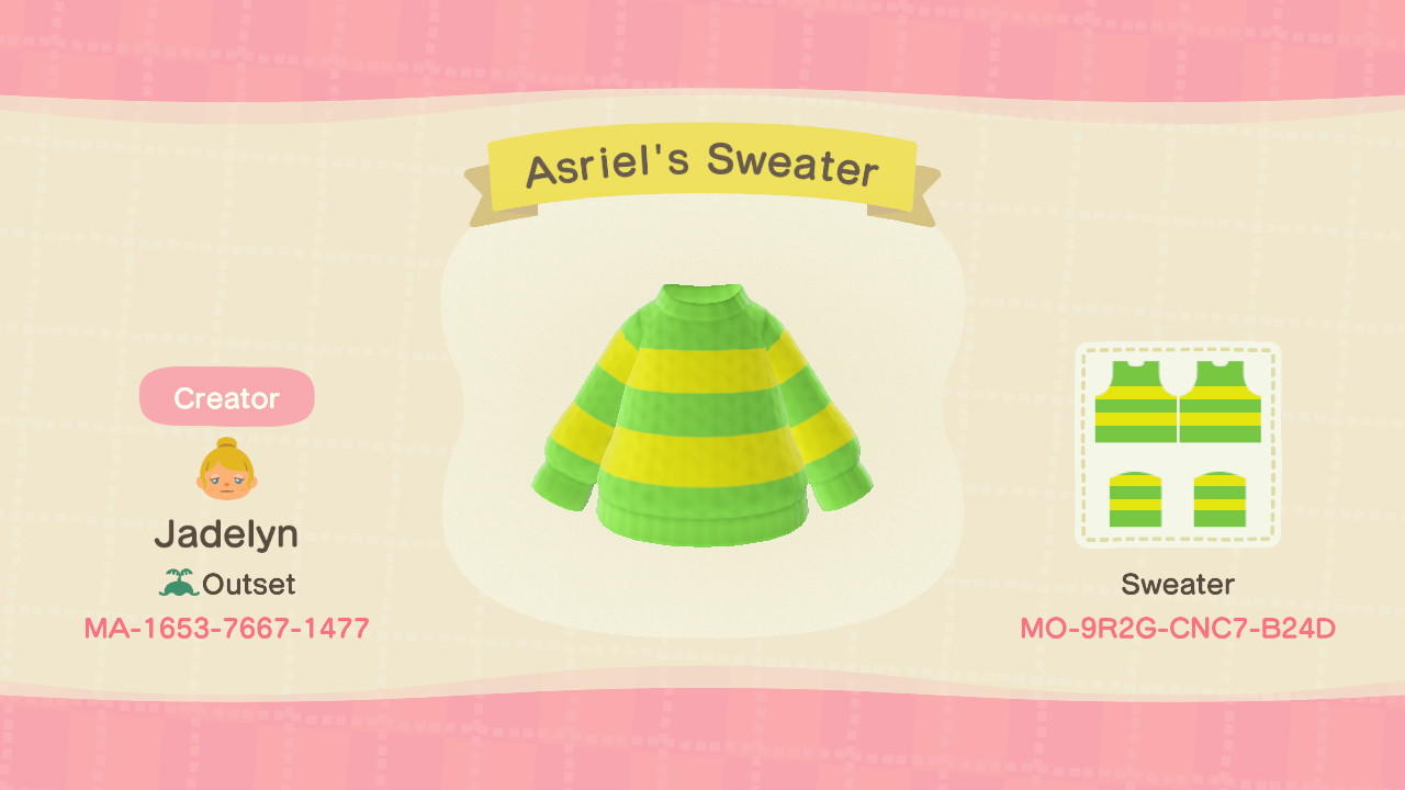 Animal Crossing Design Code: MO-9R2G-CNC7-B24D Asrielâ€™s Sweater