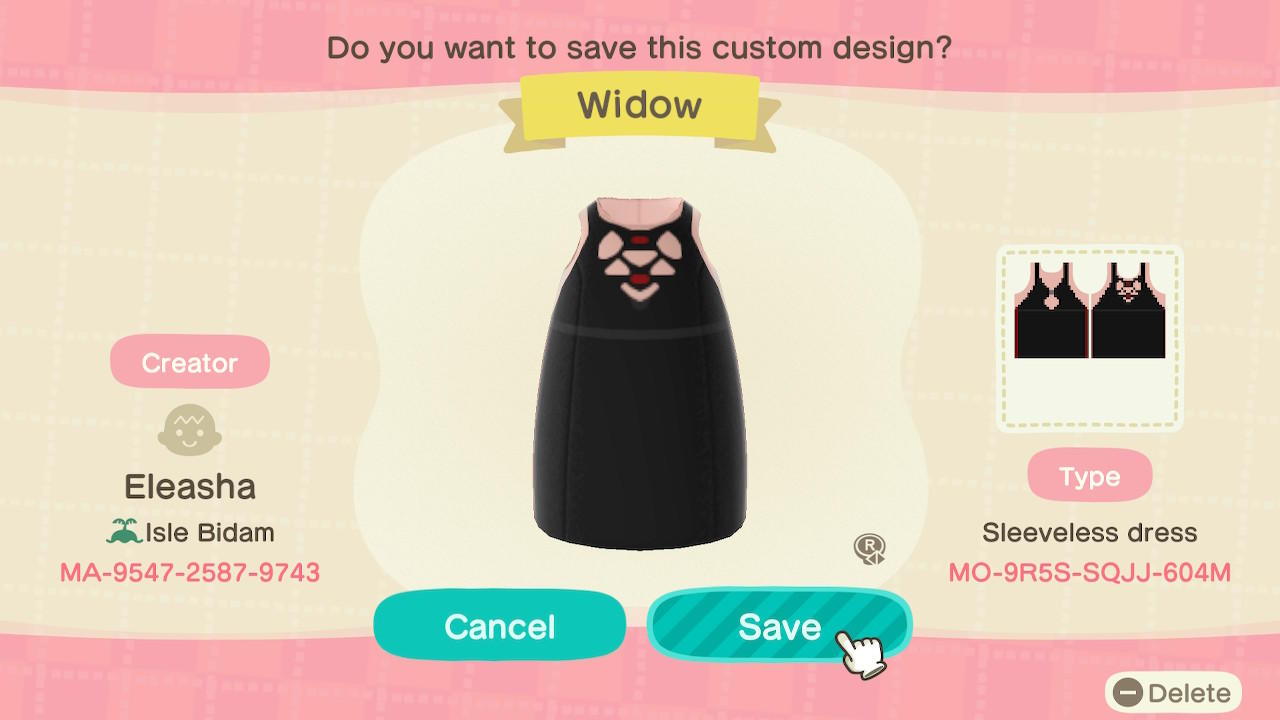 Animal Crossing Design Code: MO-9R5S-SQJJ-604M Widow