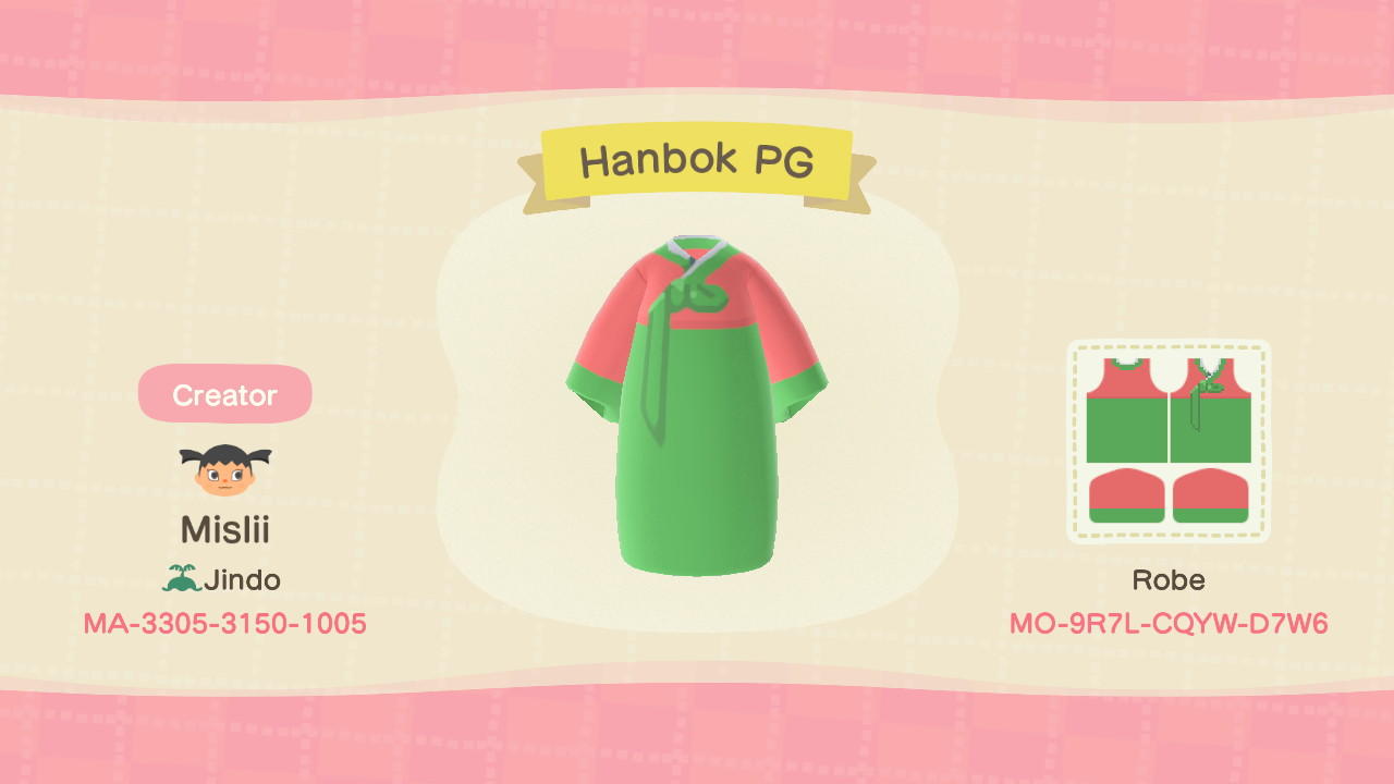 Animal Crossing Design Code: MO-9R7L-CQYW-D7W6 Hanbok Pink and Gree