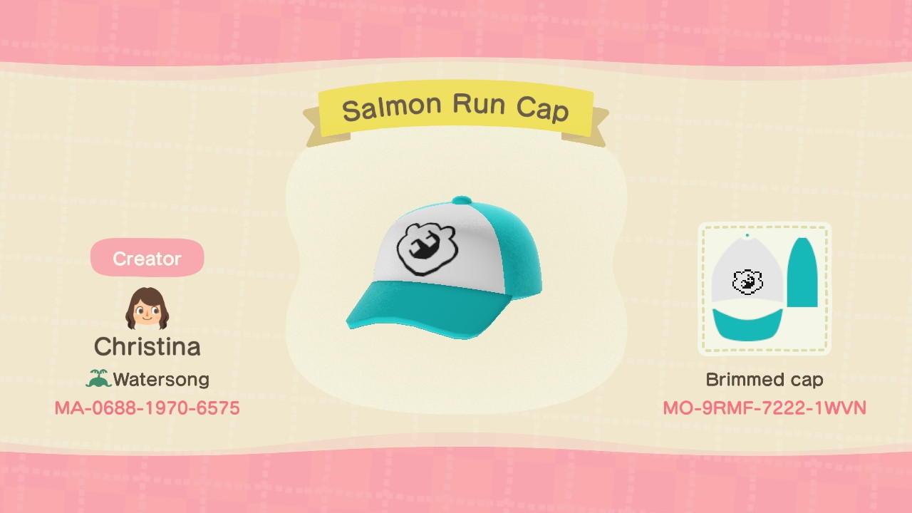 Animal Crossing Design Code: MO-9RMF-7222-1WVN Salmon Run Cap