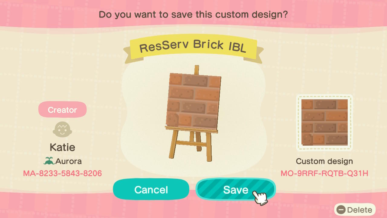 Animal Crossing Design Code: MO-9RRF-RQTB-Q31H ResServ Brick IBL