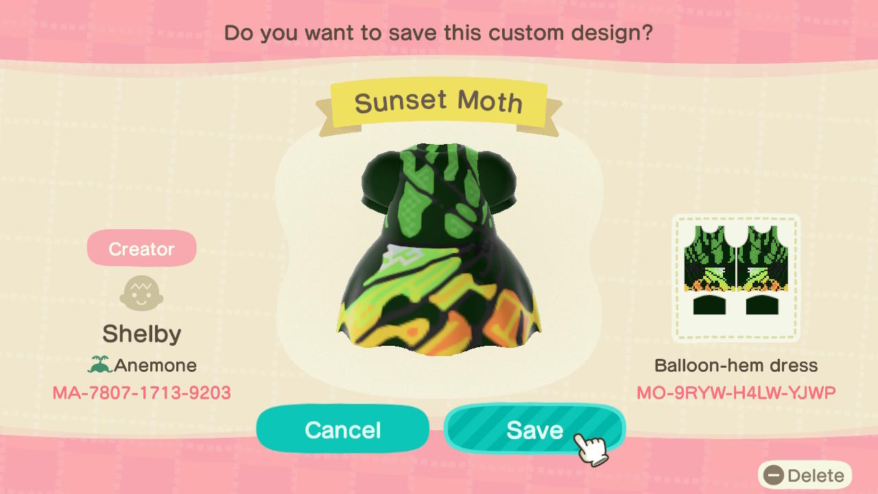 Animal Crossing Design Code: MO-9RYW-H4LW-YJWP Sunset Moth