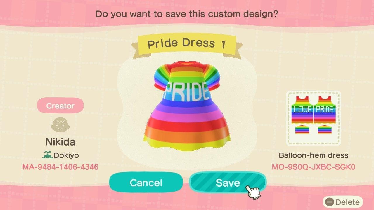 Animal Crossing Design Code: MO-9S0Q-JXBC-SGK0 Pride Dress