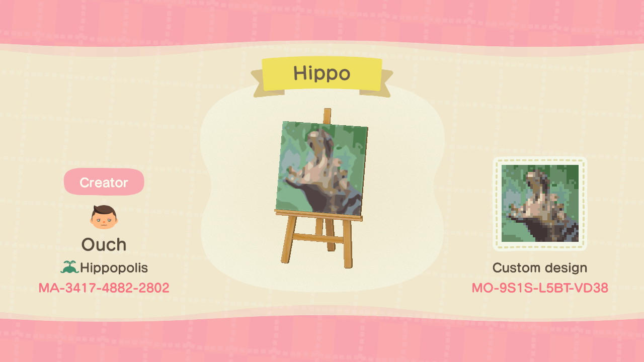 Animal Crossing Design Code: MO-9S1S-L5BT-VD38 Hippo