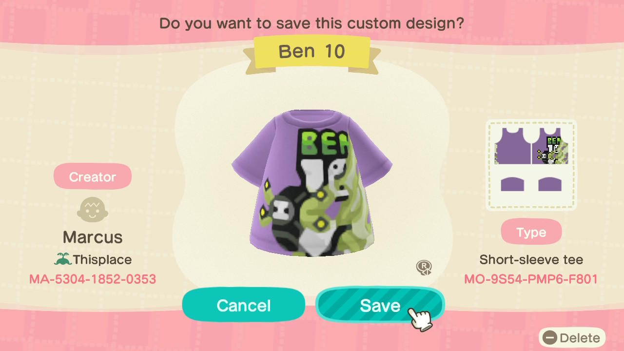 Animal Crossing Design Code: MO-9S54-PMP6-F801 Ben 10 Stinkfly