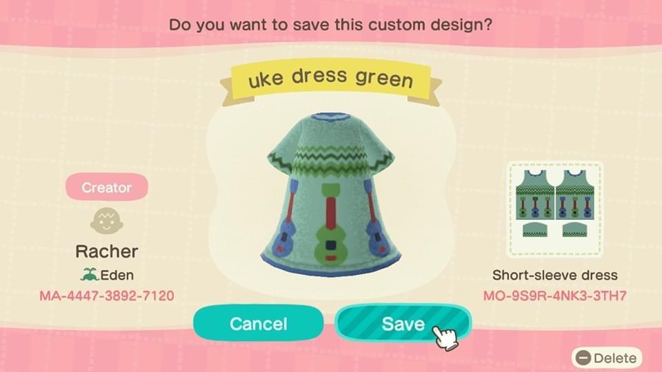 Animal Crossing Design Code: MO-9S9R-4NK3-3TH7 Uke dress green
