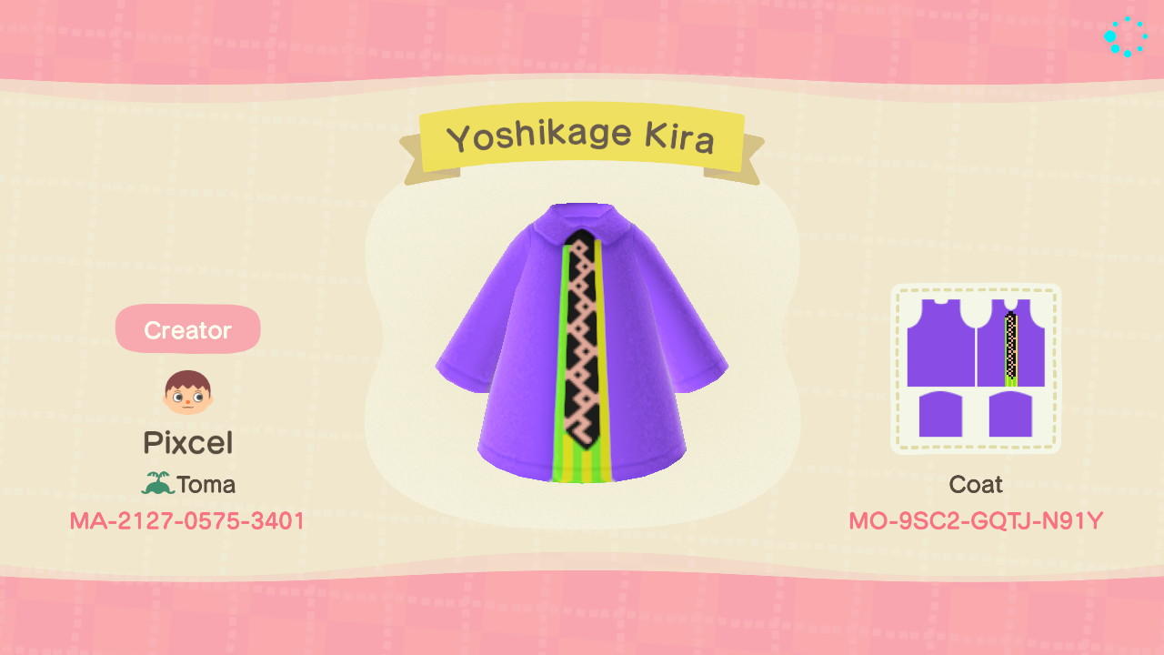 Animal Crossing Design Code: MO-9SC2-GQTJ-N91Y Yoshikage Kira