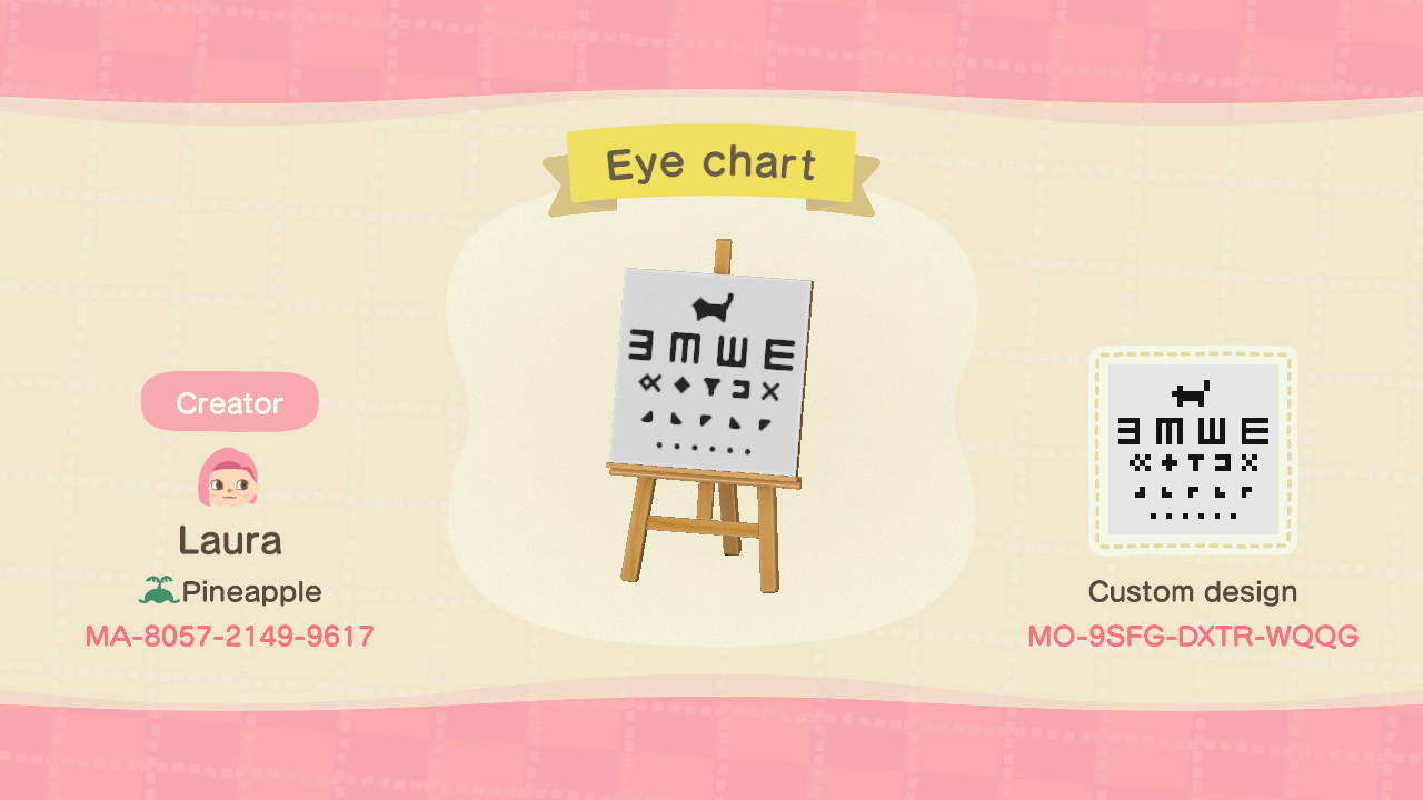 Animal Crossing Design Code: MO-9SFG-DXTR-WQQG Eye chart