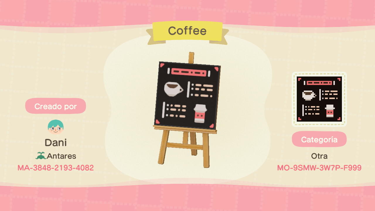 Animal Crossing Design Code: MO-9SMW-3W7P-F999 Coffee Shop