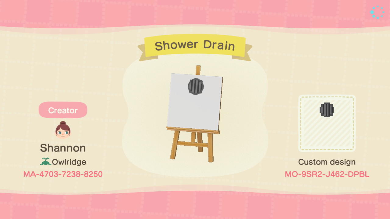 Animal Crossing Design Code: MO-9SR2-J462-DPBL Shower Drain