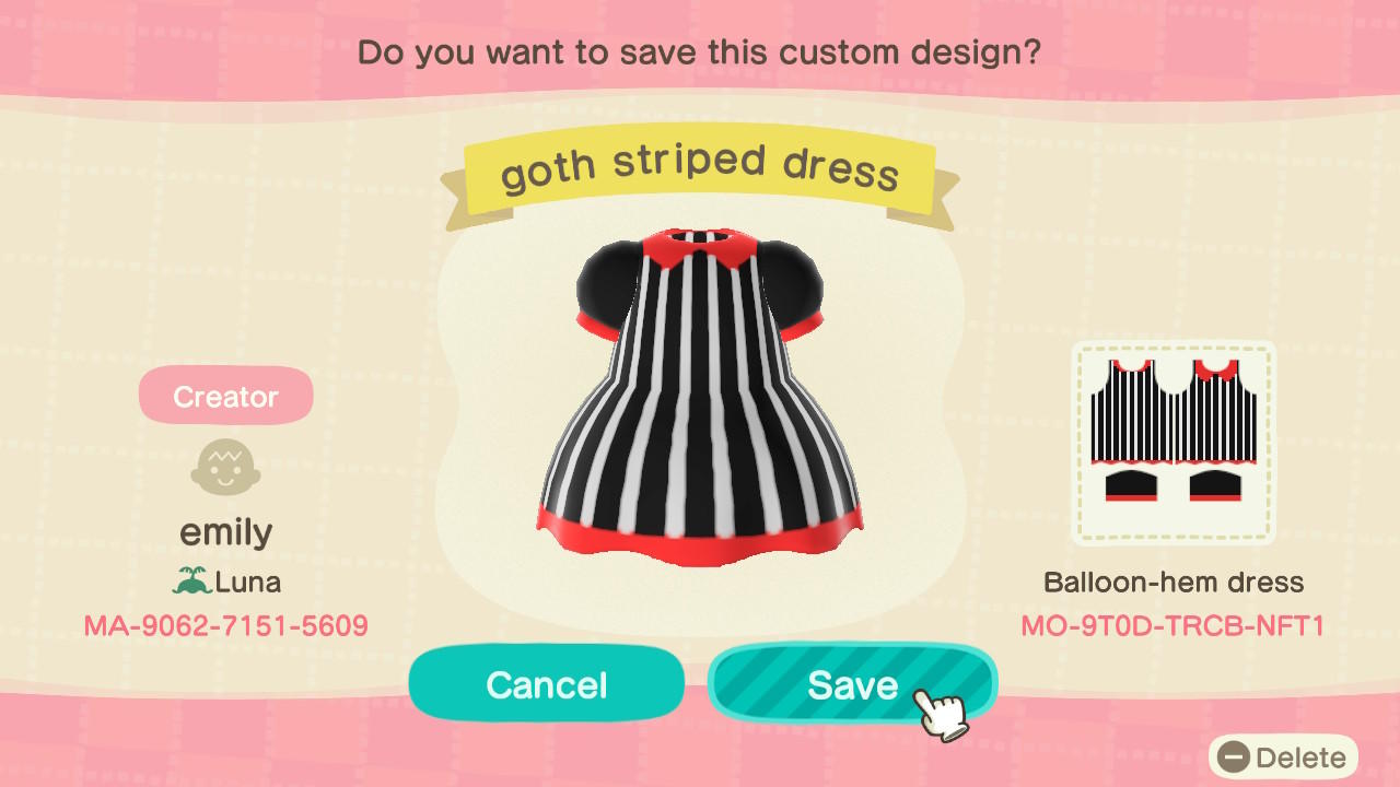 Animal Crossing Design Code: MO-9T0D-TRCB-NFT1 goth striped dress