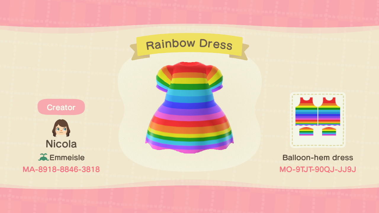 Animal Crossing Design Code: MO-9TJT-90QJ-JJ9J Rainbow Dress