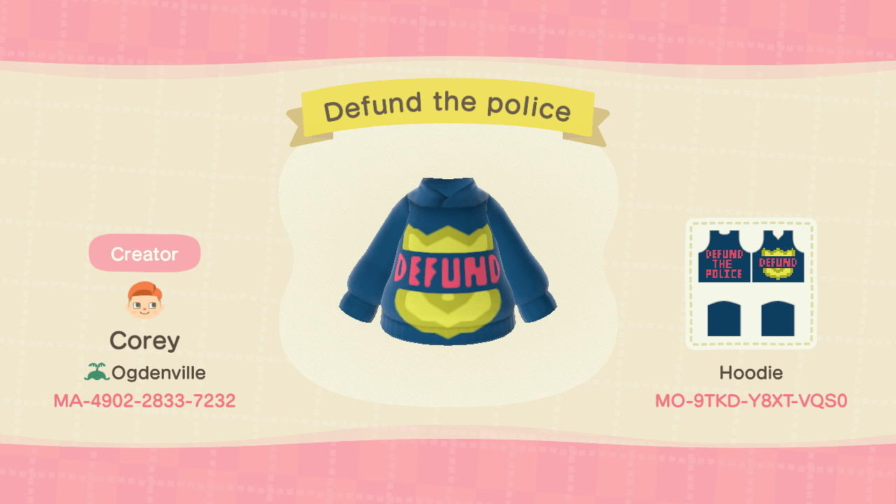 Animal Crossing Design Code: MO-9TKD-Y8XT-VQS0 Defund