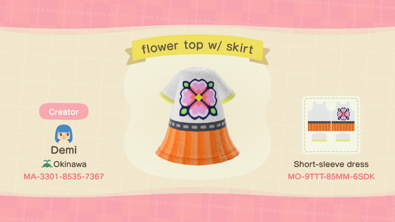 Animal Crossing Design Code: MO-9TTT-85MM-6SDK Flower top w/ skirt
