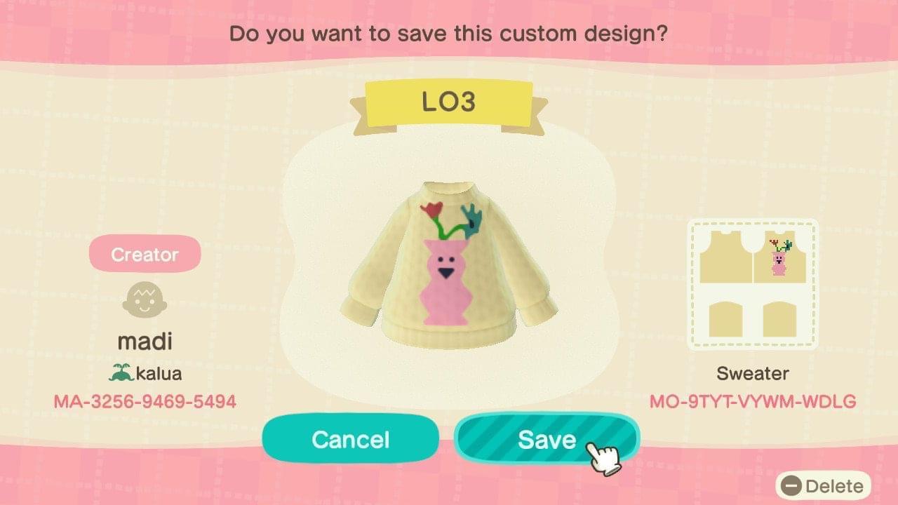 Animal Crossing Design Code: MO-9TYT-VYWM-WDLG LO fine sweater