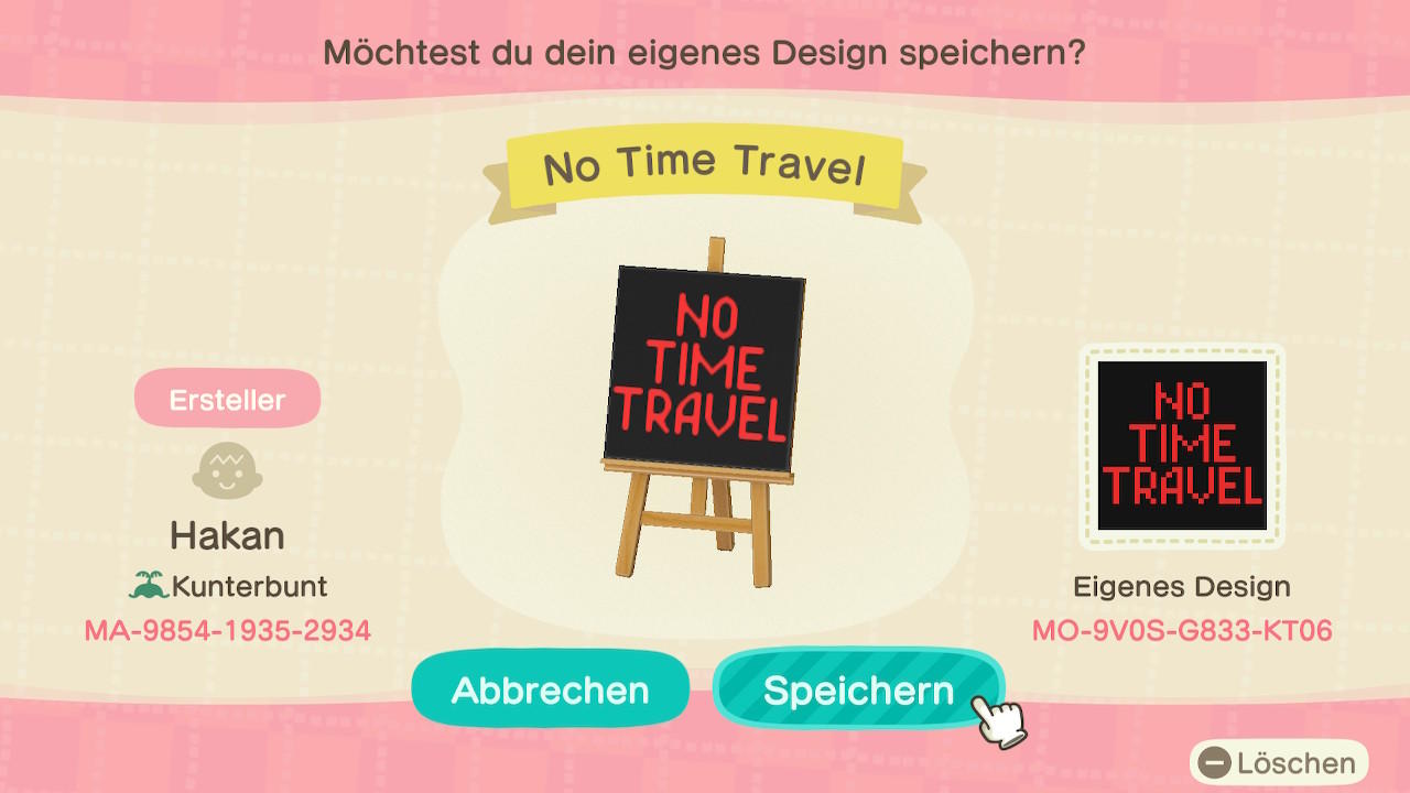 Animal Crossing Design Code: MO-9V0S-G833-KT06 No Time Travel
