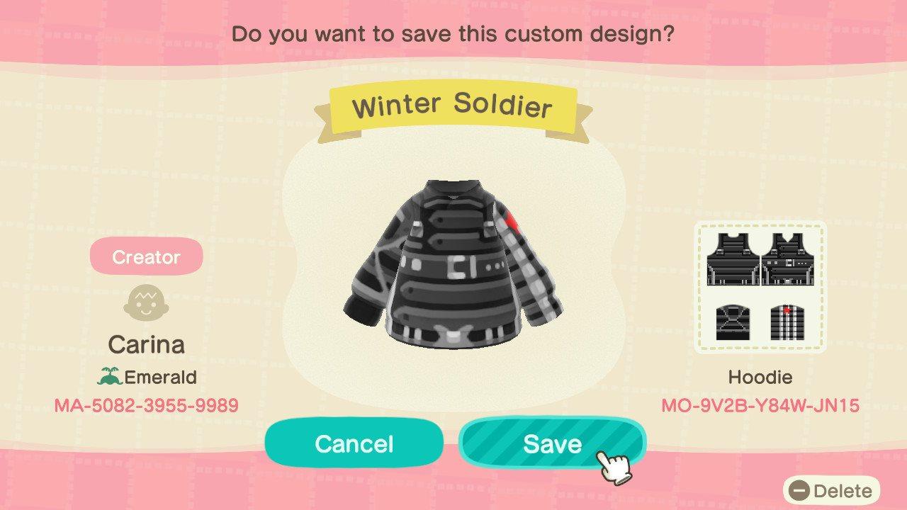 Animal Crossing Design Code: MO-9V2B-Y84W-JN15 Winter Soldier