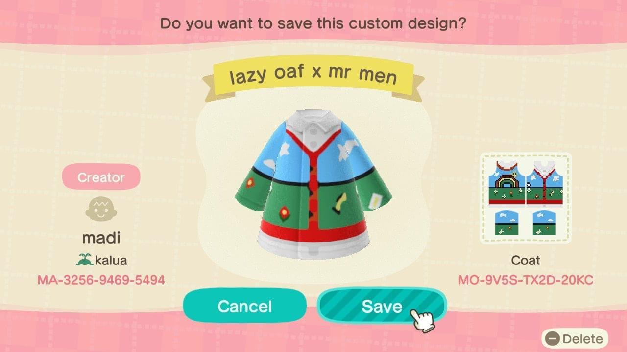 Animal Crossing Design Code: MO-9V5S-TX2D-20KC lazy oaf x mr men