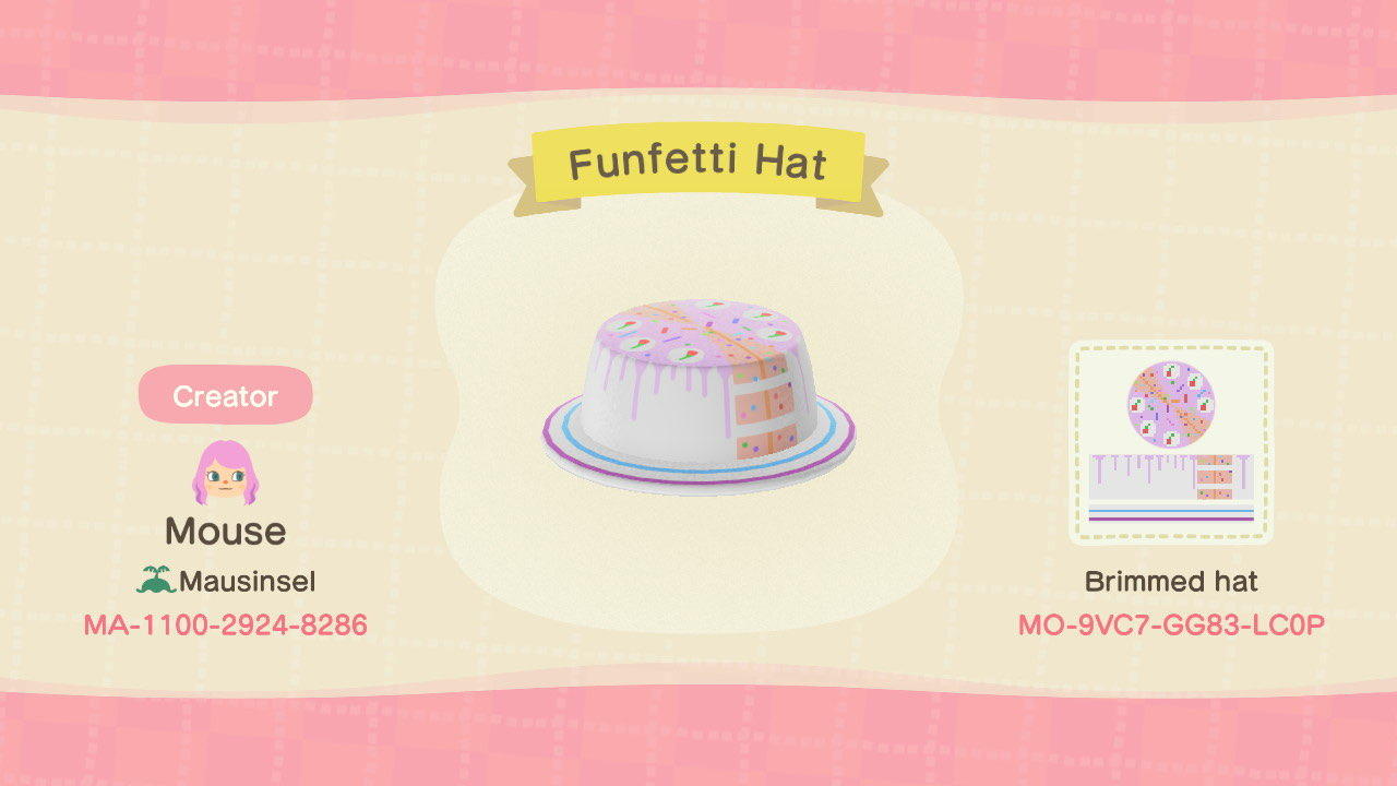 Animal Crossing Design Code: MO-9VC7-GG83-LC0P Funfetti Cake Hat