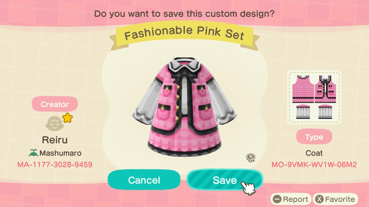 Animal Crossing Design Code: MO-9VMK-WV1W-06M2 Fashionable Pink Set