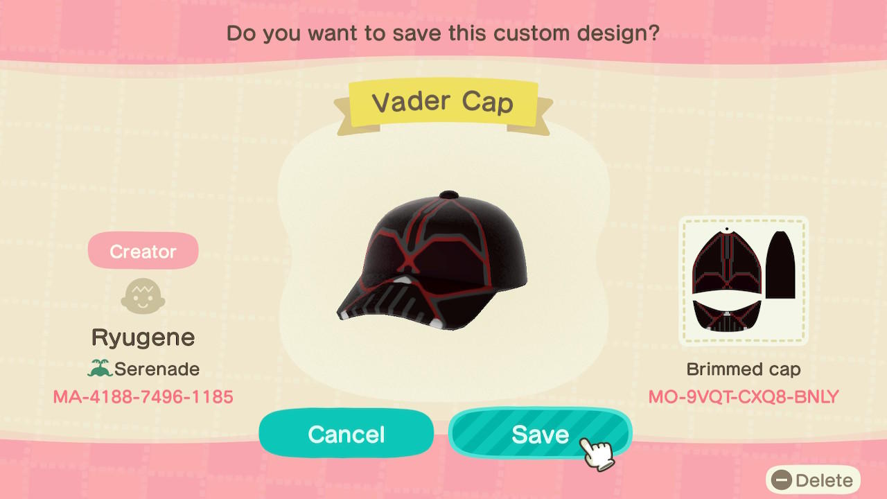 Animal Crossing Design Code: MO-9VQT-CXQ8-BNLY Vader Cap