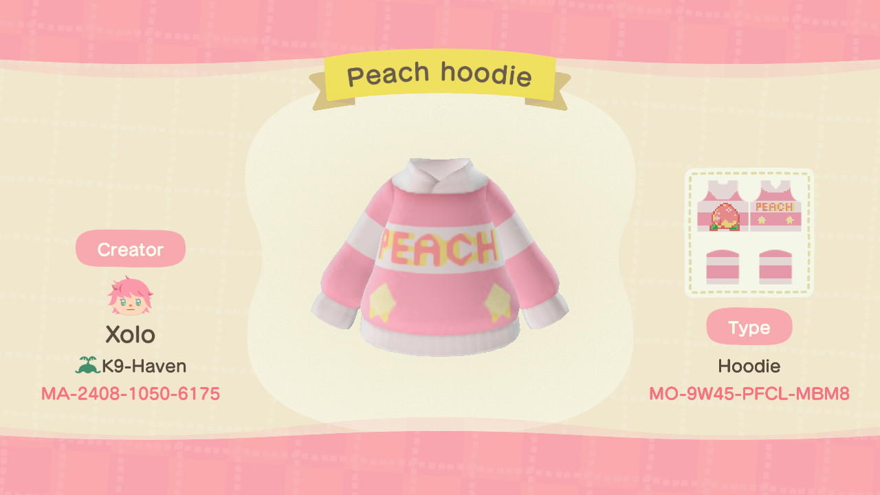 Animal Crossing Design Code: MO-9W45-PFCL-MBM8 Peach hoodie