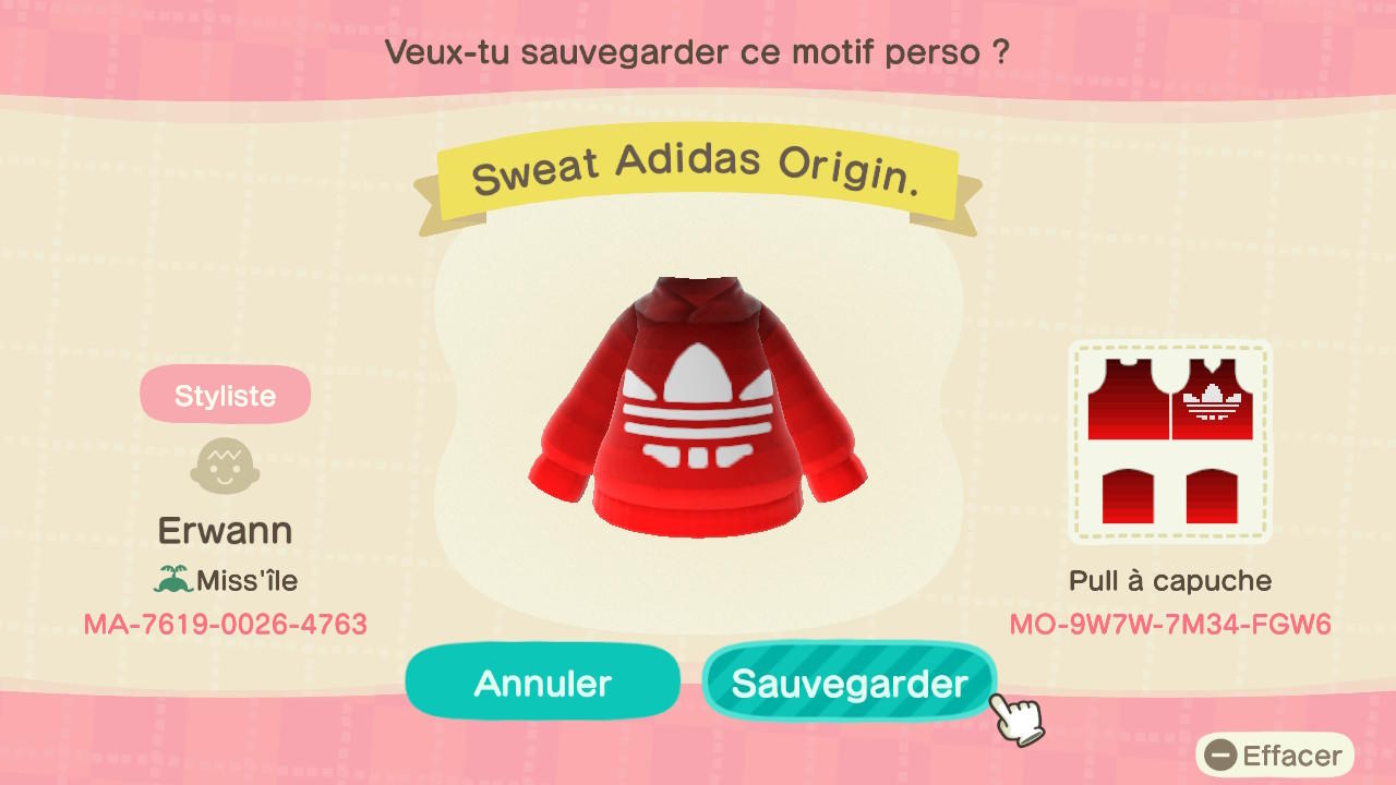 Animal Crossing Design Code: MO-9W7W-7M34-FGW6 Sweat Adidas Origin.