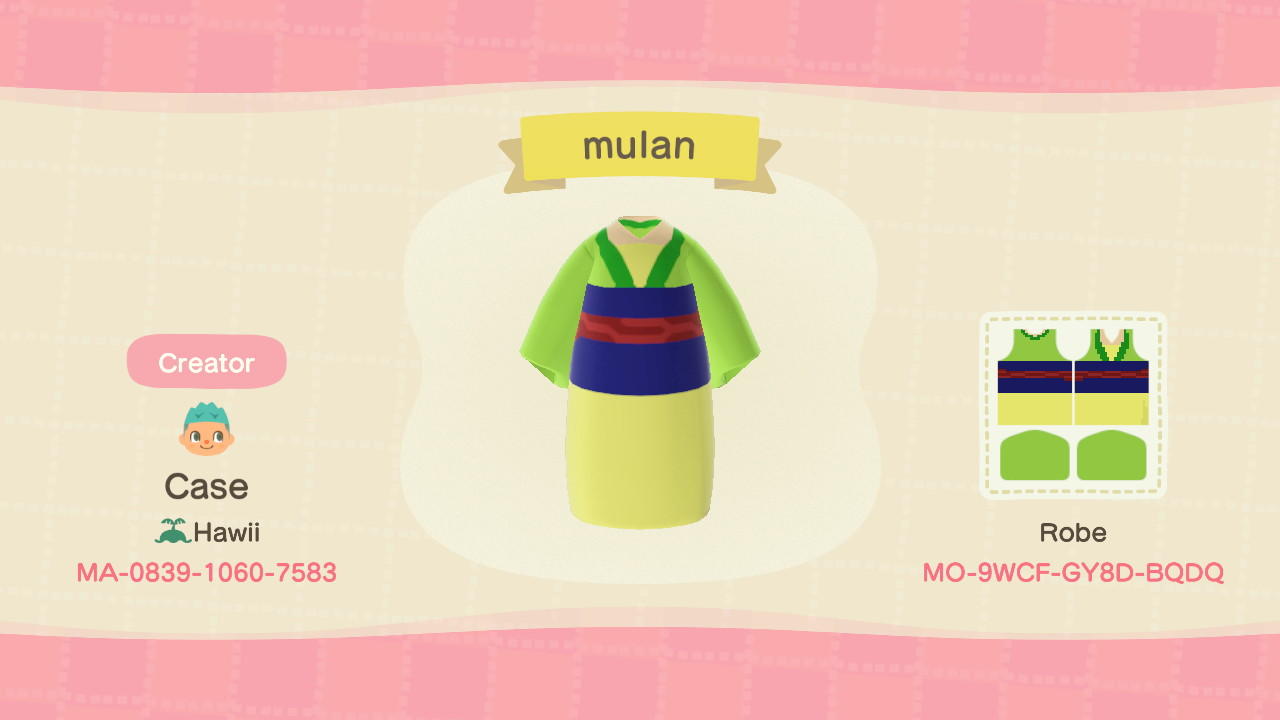 Animal Crossing Design Code: MO-9WCF-GY8D-BQDQ mulan