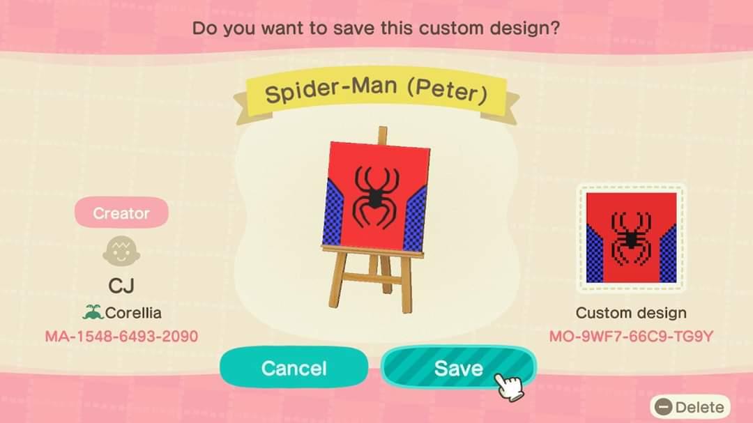 Animal Crossing Design Code: MO-9WF7-66C9-TG9Y Spider-Man (Peter)