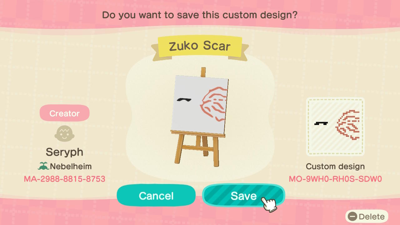 Animal Crossing Design Code: MO-9WH0-RH0S-SDW0 Zuko&#39;s Scar