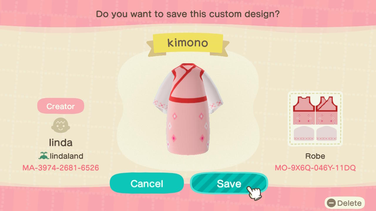 Animal Crossing Design Code: MO-9X6Q-046Y-11DQ Pink Floral Kimono