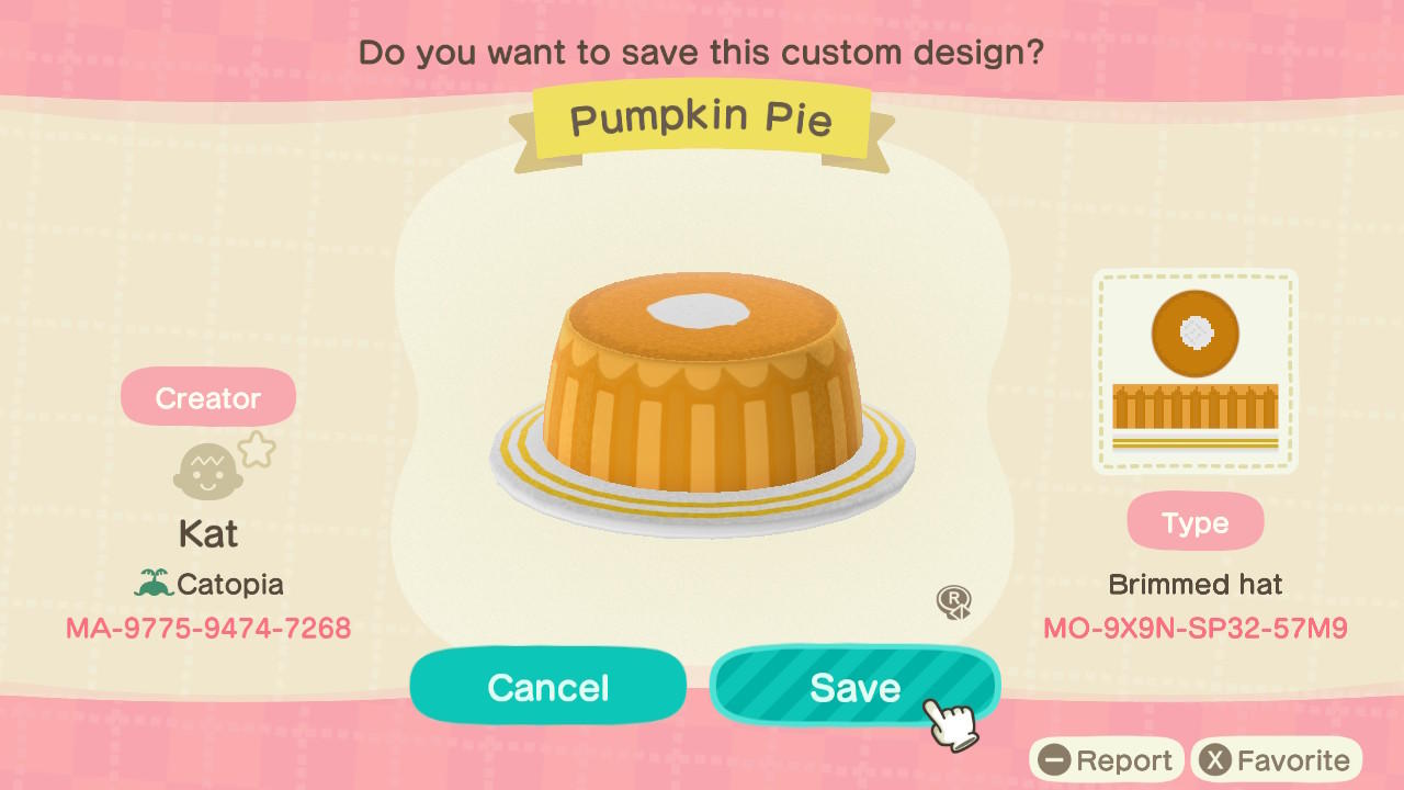 Animal Crossing Design Code: MO-9X9N-SP32-57M9 Pumpkin Pie
