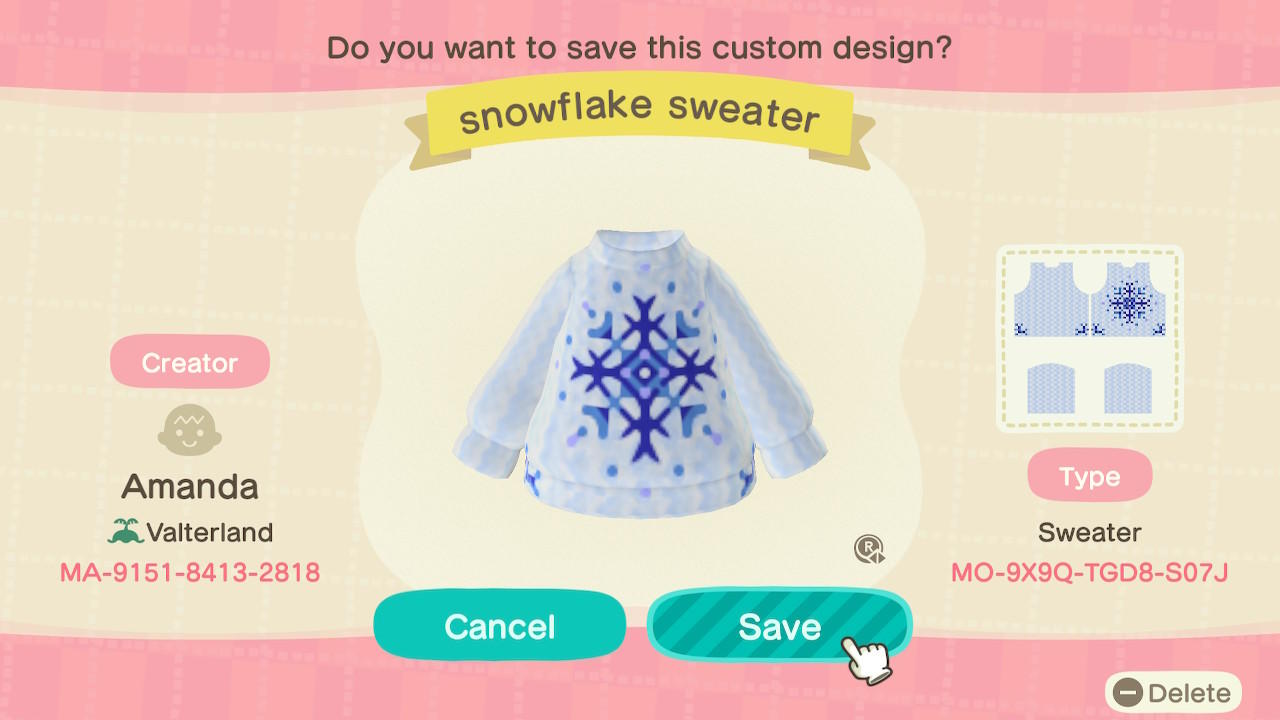 Animal Crossing Design Code: MO-9X9Q-TGD8-S07J Snowflake sweater