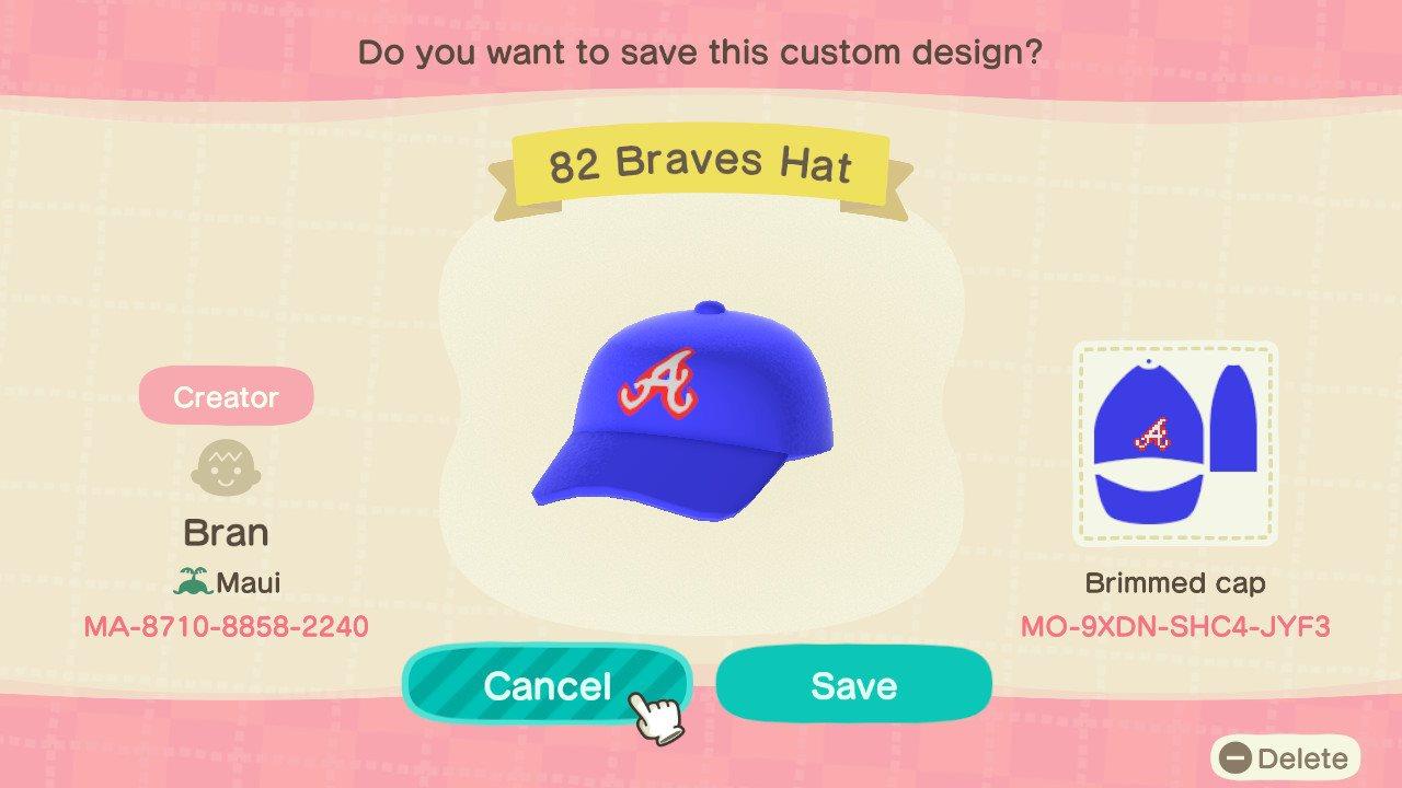 Animal Crossing Design Code: MO-9XDN-SHC4-JYF3 82 Braves Hat