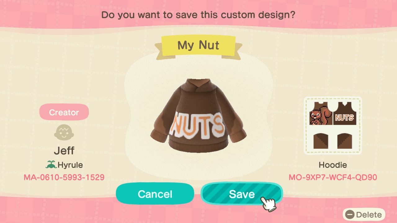 Animal Crossing Design Code: MO-9XP7-WCF4-QD90 My Nut