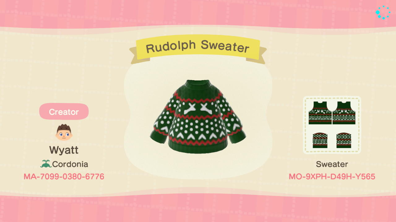 Animal Crossing Design Code: MO-9XPH-D49H-Y565 Rudolph Sweater
