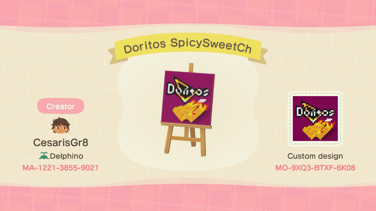 Animal Crossing Design Code: MO-9XQ3-BTXF-6K08 Doritos SpicySweetCh