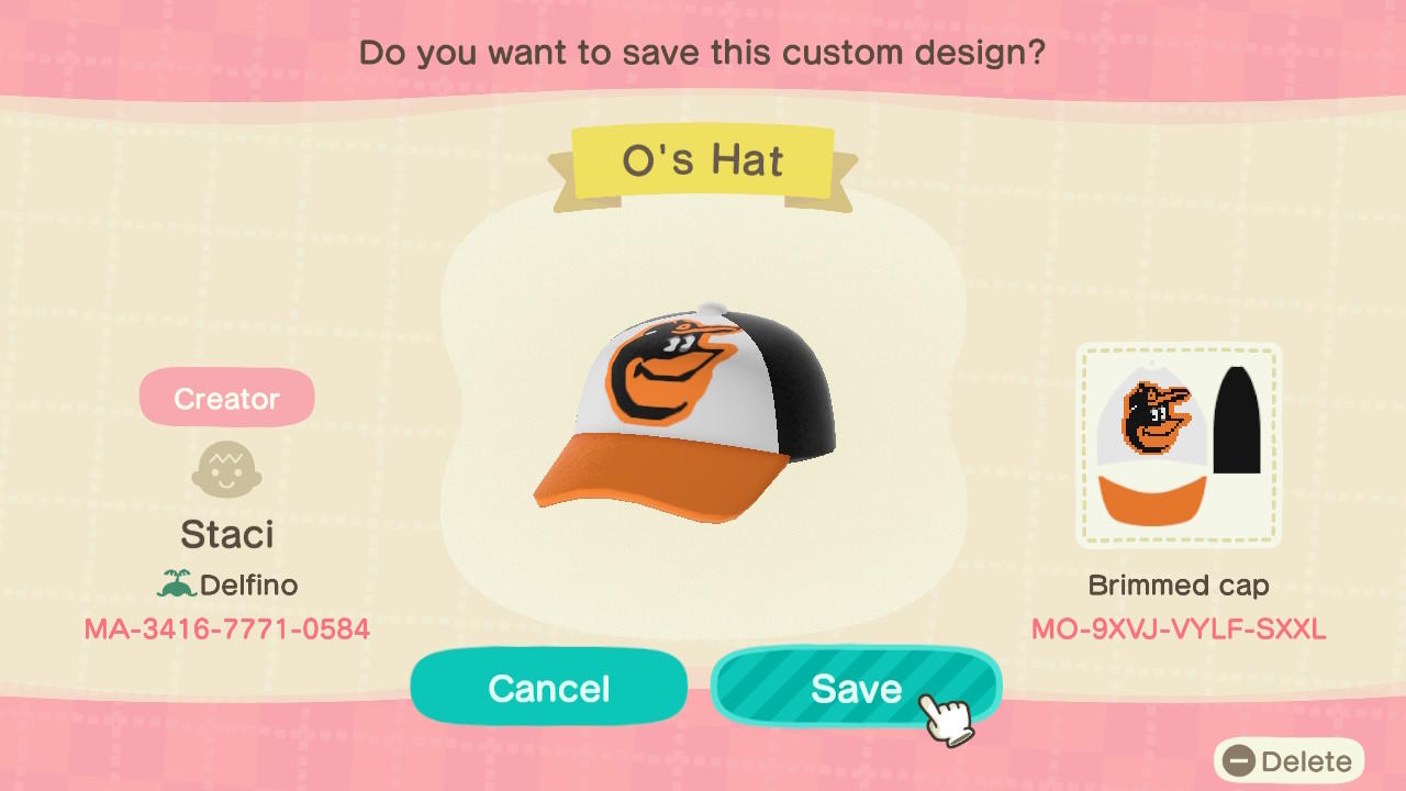Animal Crossing Design Code: MO-9XVJ-VYLF-SXXL O&#39;s Hat