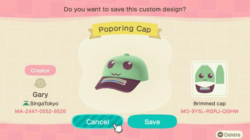 Animal Crossing Design Code: MO-9Y5L-RSRJ-QGHW Poporing Cap