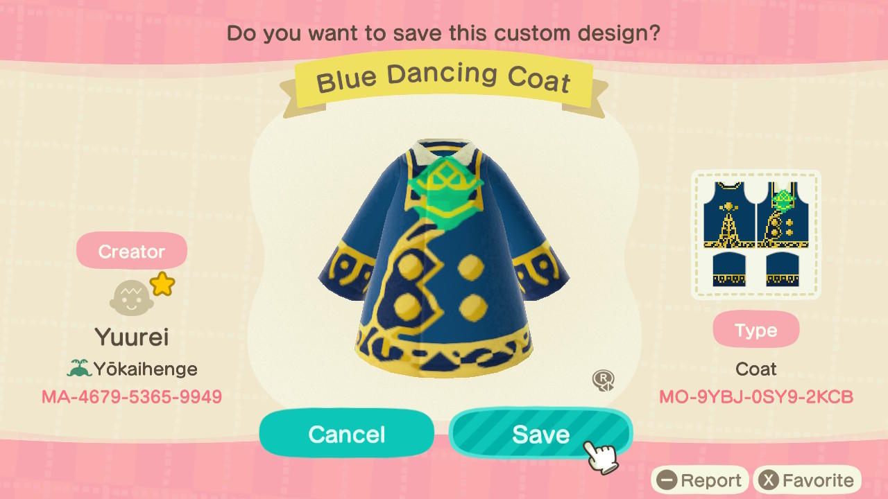 Animal Crossing Design Code: MO-9YBJ-0SY9-2KCB Blue Dancing Coat