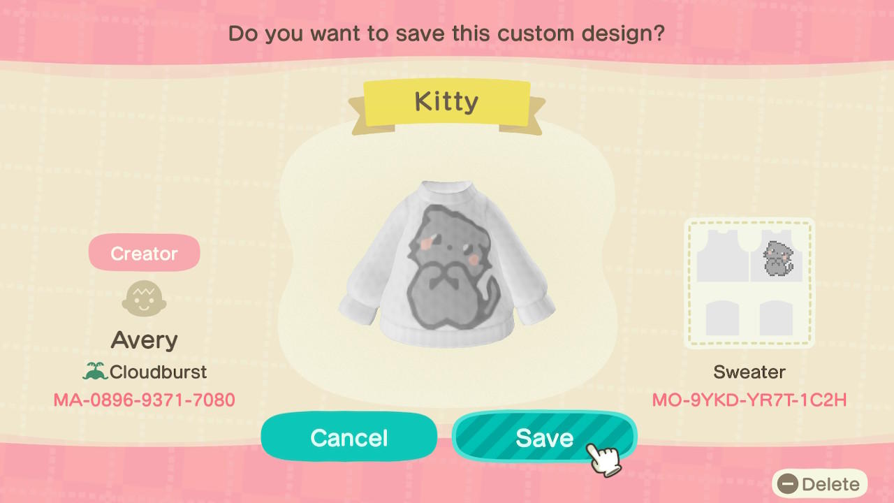 Animal Crossing Design Code: MO-9YKD-YR7T-1C2H Kitty