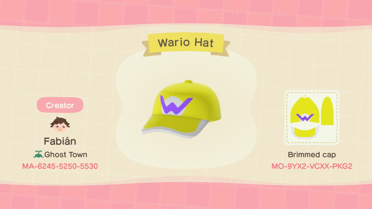 Animal Crossing Design Code: MO-9YX2-VCXX-PKG2 Wario Hat