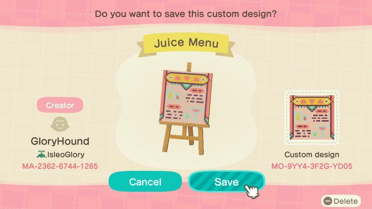 Animal Crossing Design Code: MO-9YY4-3F2G-YD05 Juice Menu