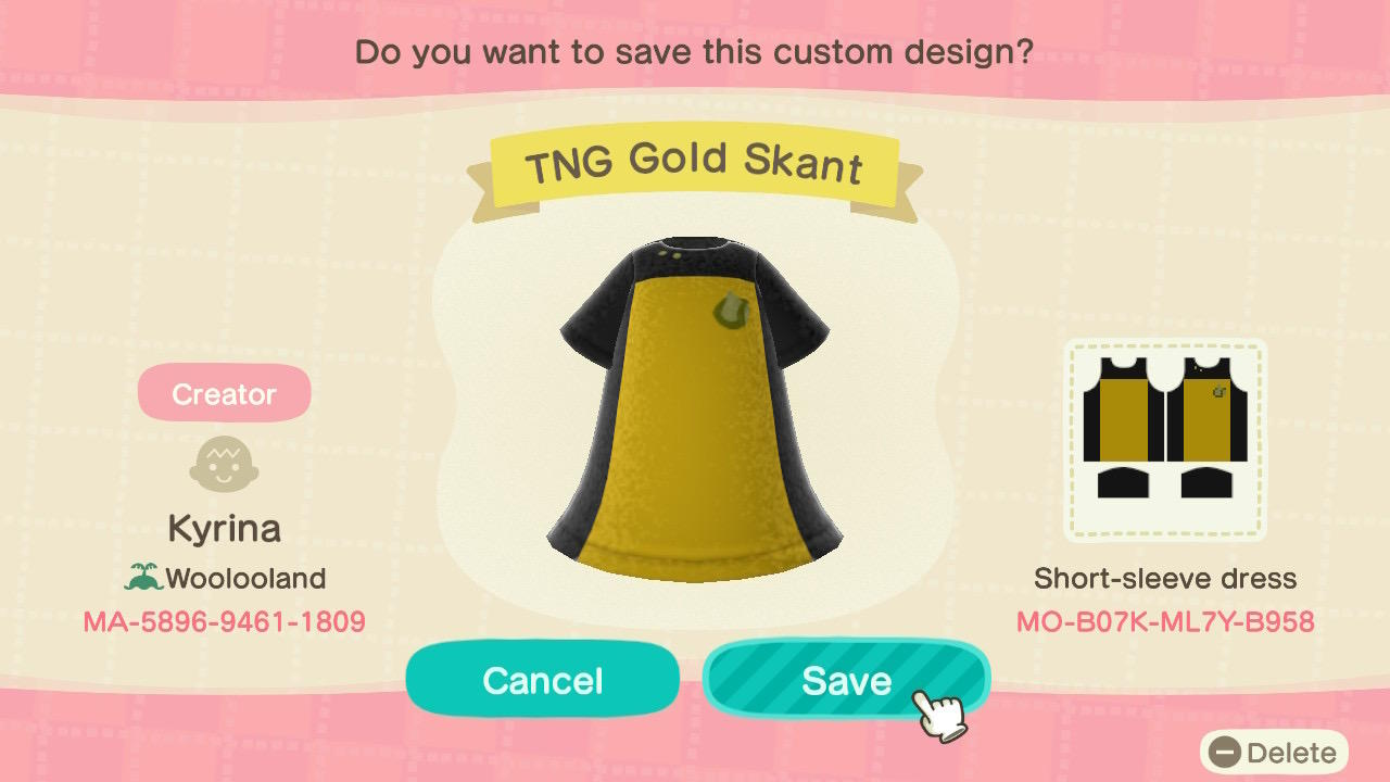 Animal Crossing Design Code: MO-B07K-ML7Y-B958 TNG Gold Skant