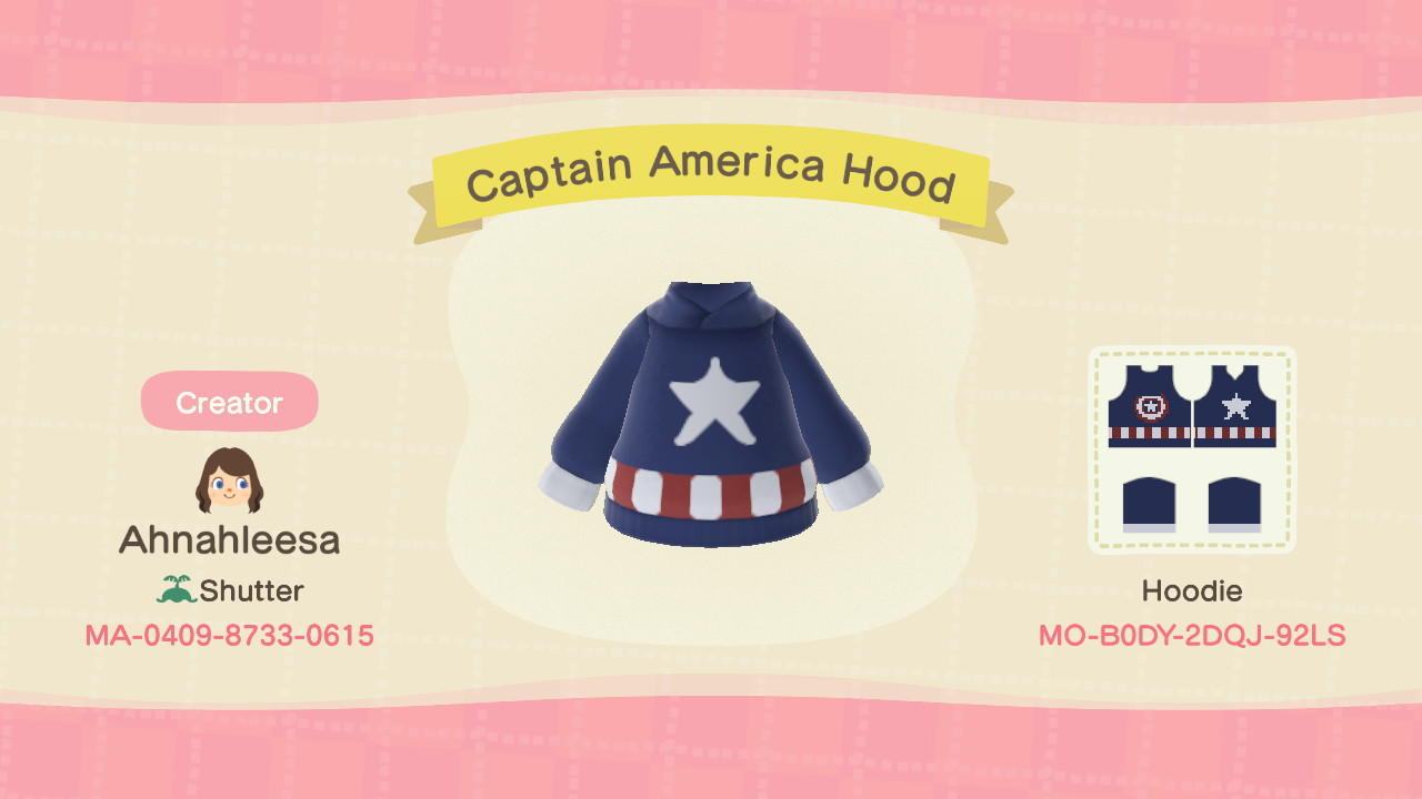 Animal Crossing Design Code: MO-B0DY-2DQJ-92LS Captain America Hood