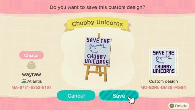 Animal Crossing Design Code: MO-B0HL-DM2B-MGBN Chubby Unicorns