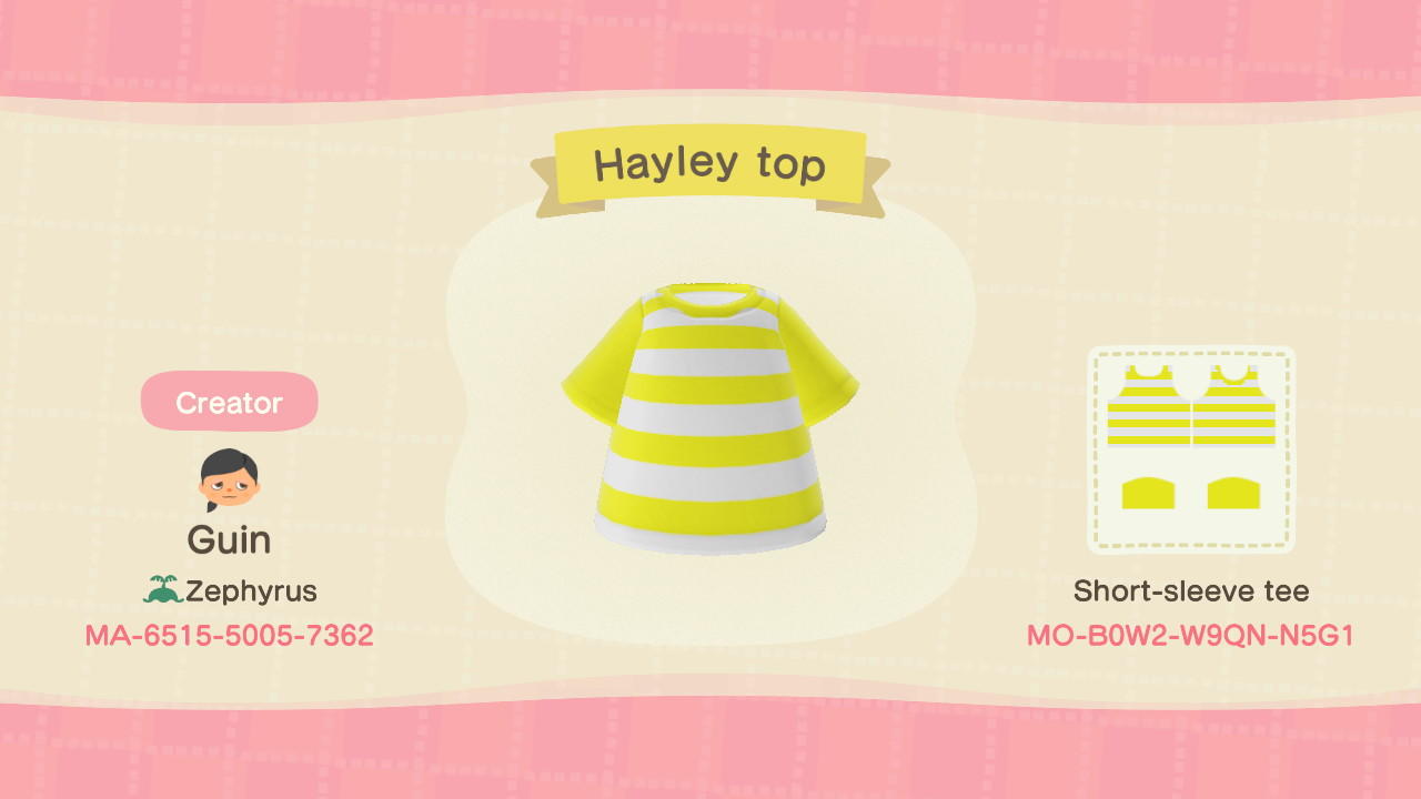Animal Crossing Design Code: MO-B0W2-W9QN-N5G1 Hayley top